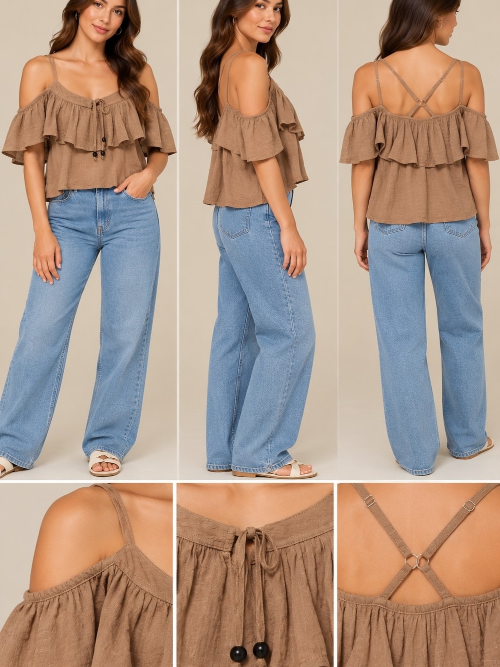 Hem & Thread Brown Ruffle Cold-Shoulder Camisole